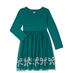 Wonder Nation Green Long Sleeve Kids Dress with Silver Bow Accent
